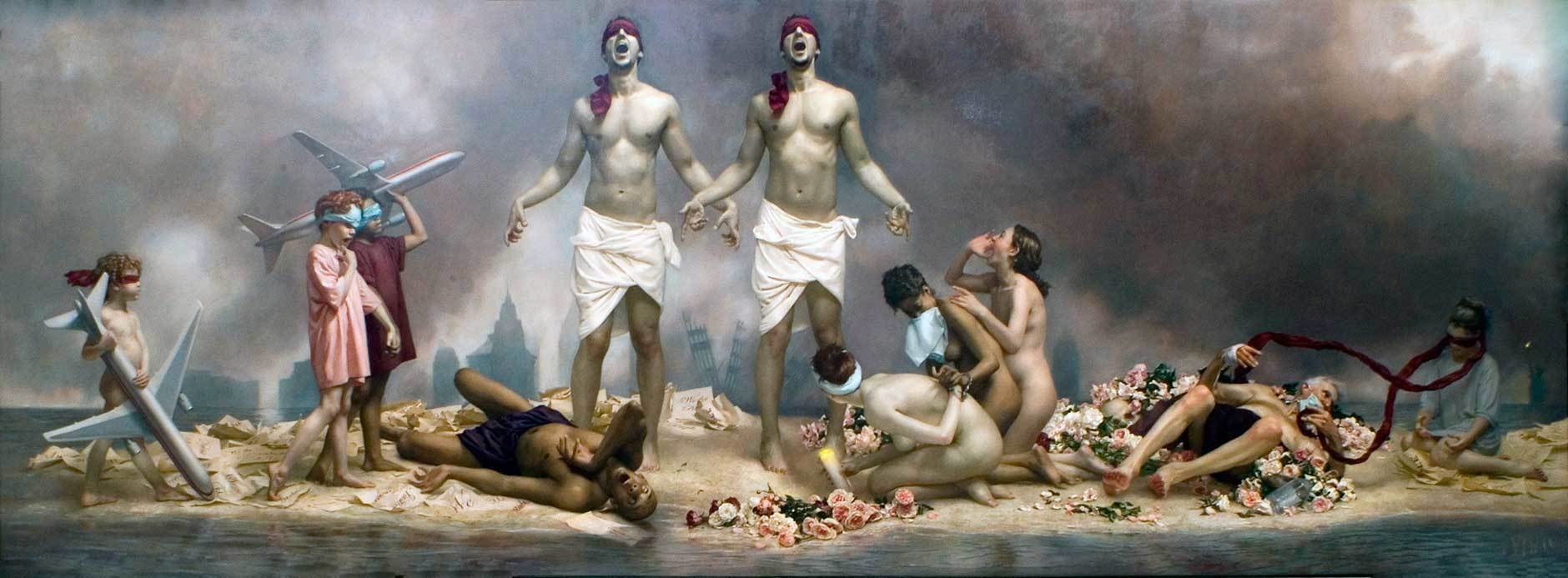 "The Cycle of Terror and Tragedy," Graydon Parrish, Oil on Canvas, 76 x 210 in., Charles F. Smith Fund and in memory of Scott O’Brien who died in the World Trade Center, given by his family