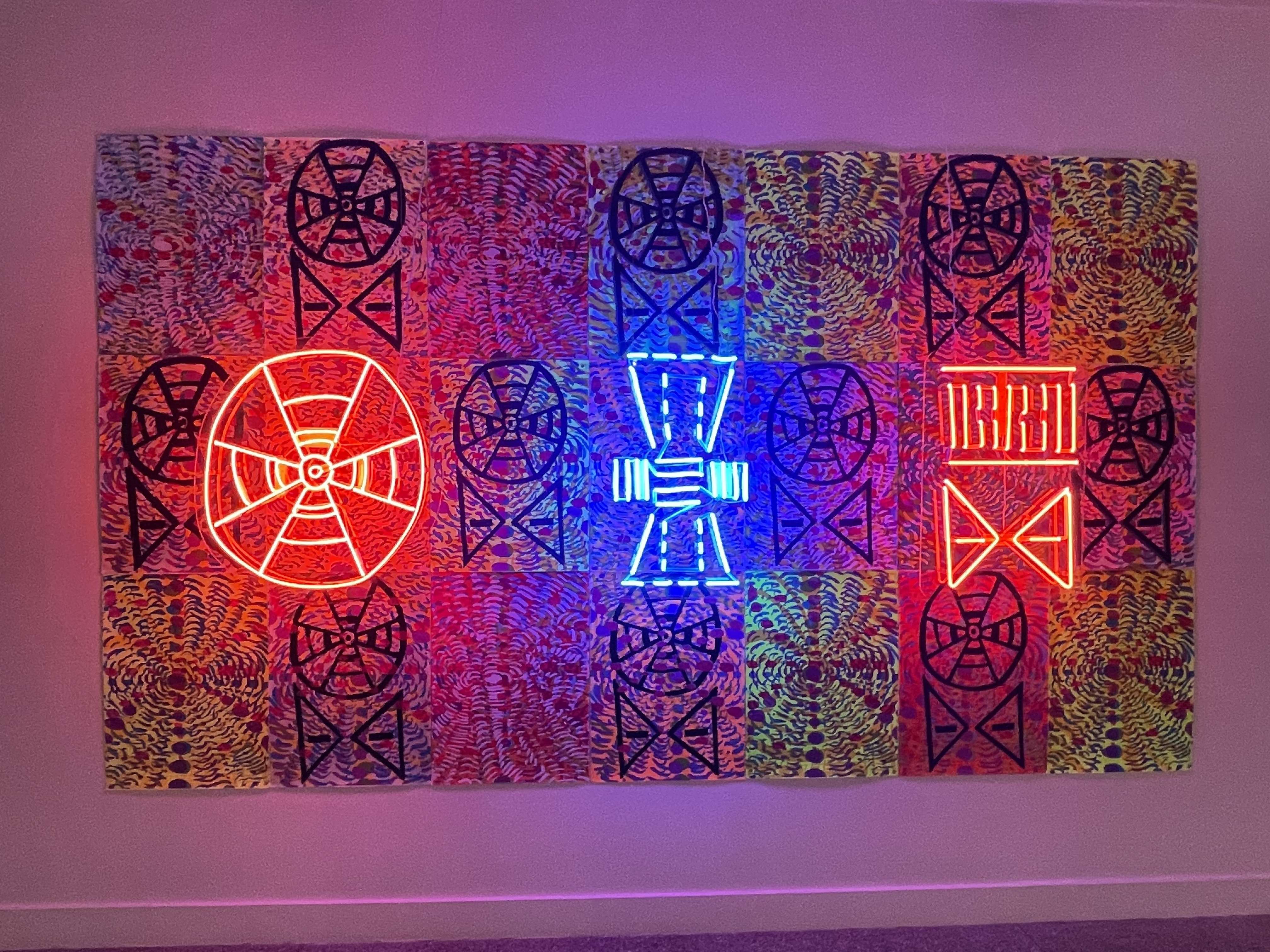 John Hitchcock, "Big Rock Rd," 2022-2023, Screenprint on paper, neon, Courtesy of the Artist