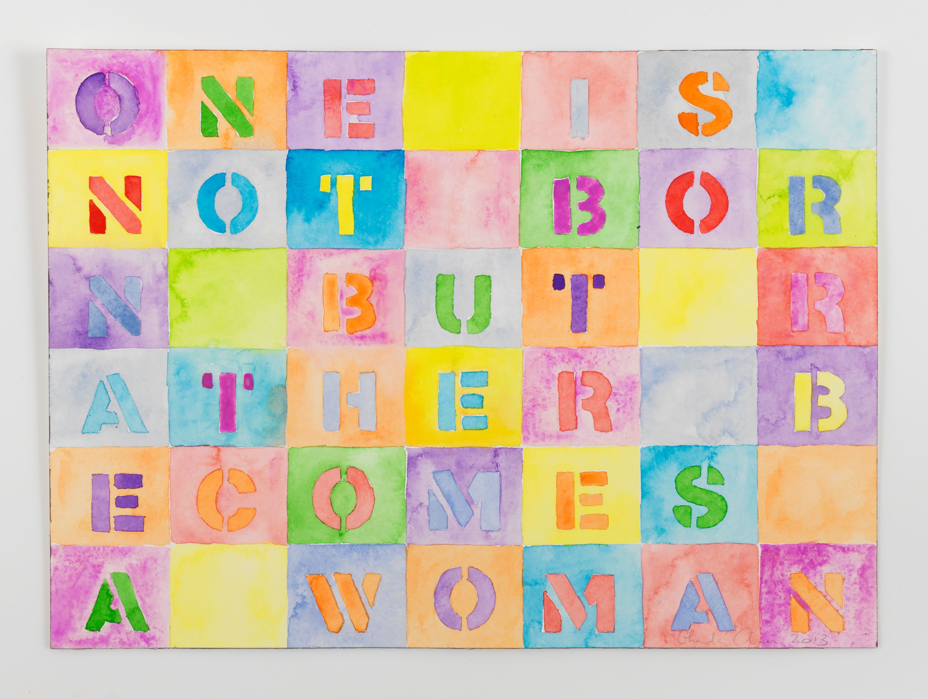 Ghada Amer, <i> ONE IS NOT BORN #1</i>, 2013 Watercolor on paper Sheet Dimension: 10 1/4 × 14 1/8 in.