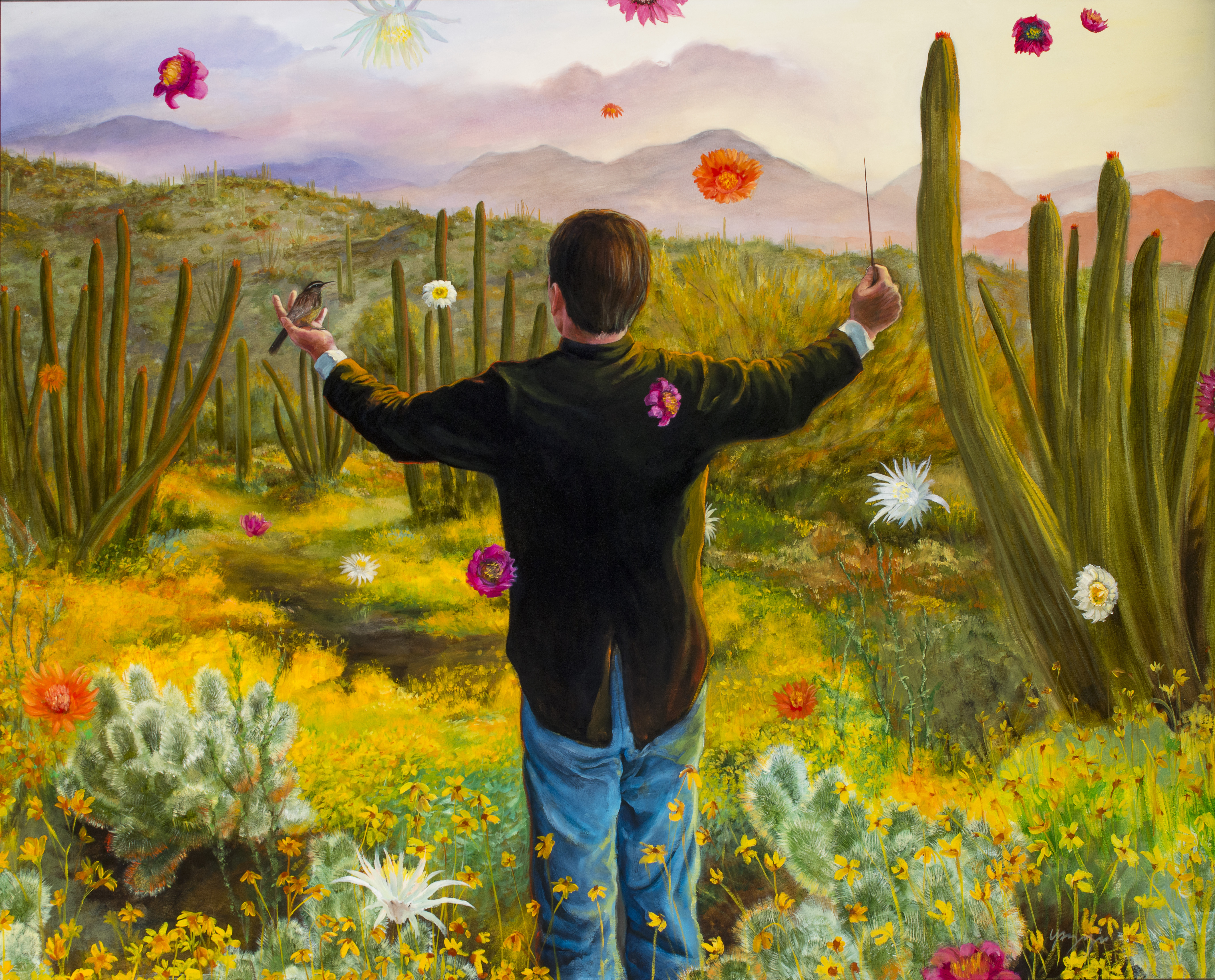 Steven Yazzie (Diné/Pueblo of Laguna, New Mexico/European descent), "Orchestrating a Blooming Desert," 2003, Oil on canvas, Collection of Christy Vezolles. © 2003 Steven J. Yazzie. All rights reserved. Courtesy of the Heard Museum, photo by Craig Smith