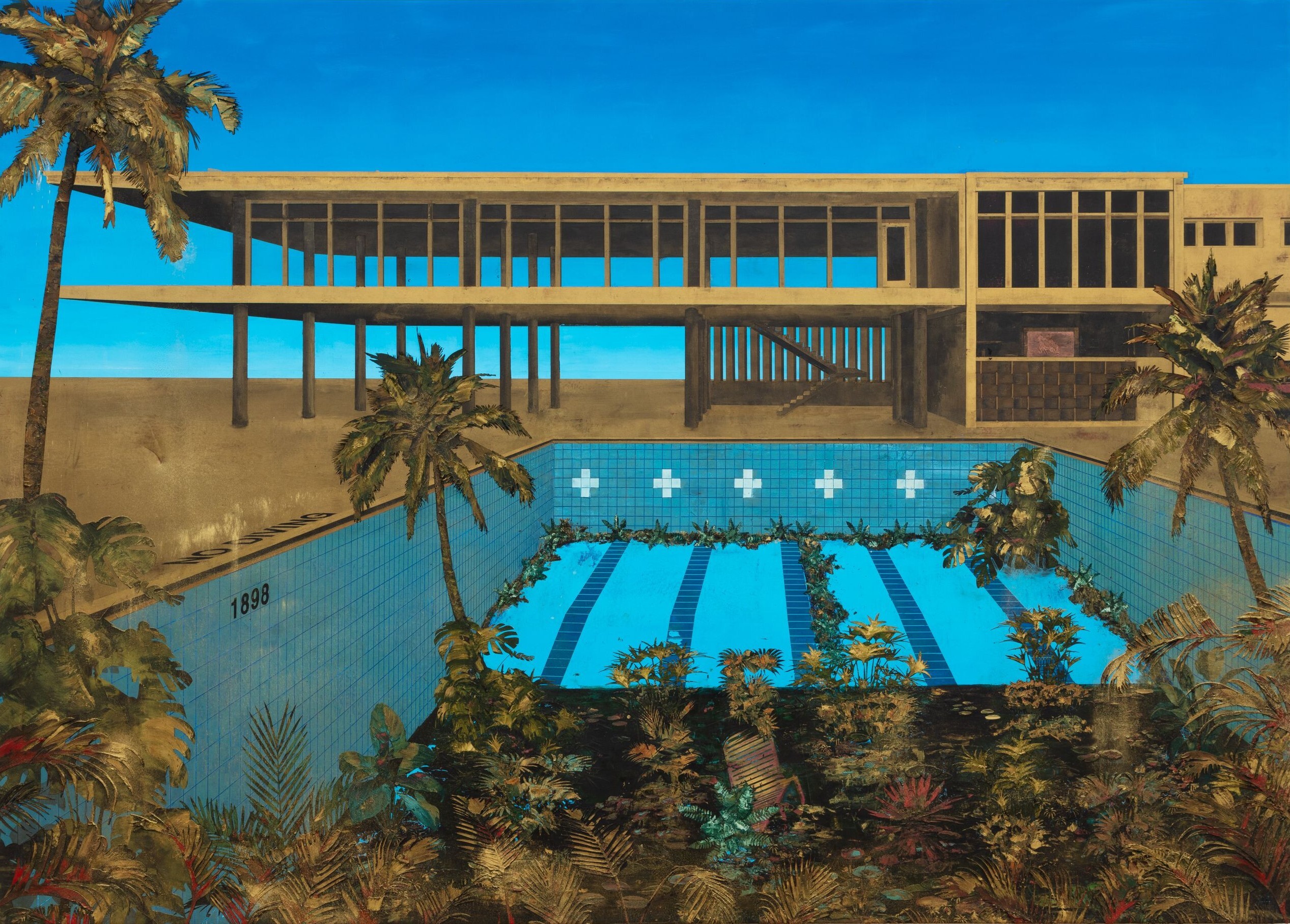 Rogelio Báez Vega (b. 1974), "The Country Club," 2024, Oil, beeswax and gold powder pigment on canvas, 60 × 84 in., Purchase courtesy of the Paul Zimmerman Fund, 2025.
