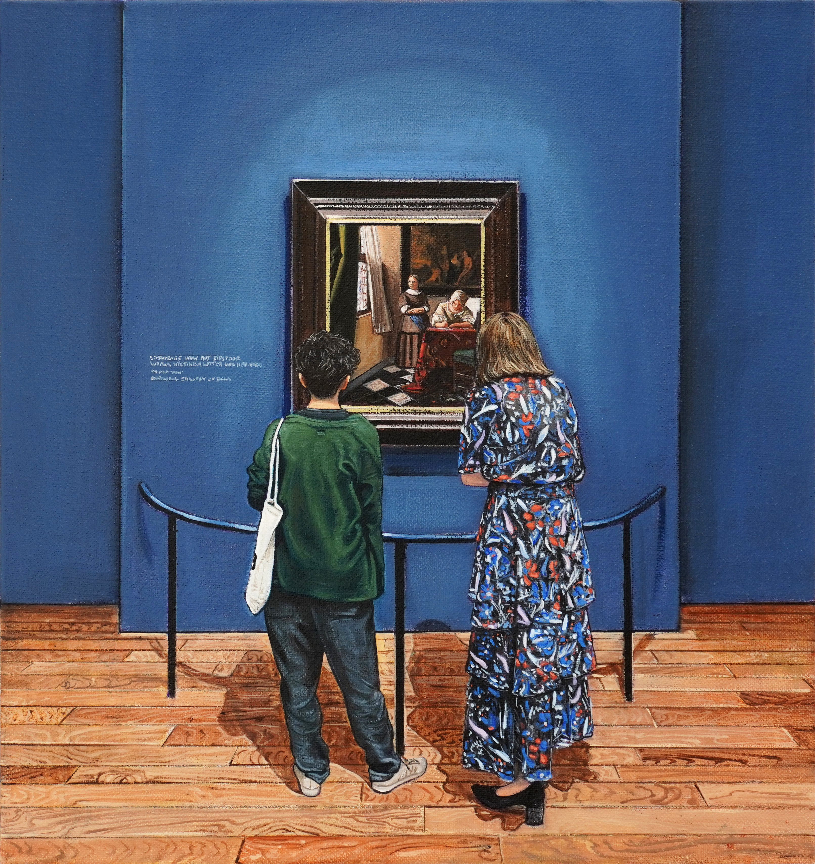 Joe Fig, "Vermeer: Woman Writing a Letter with Her Maid / Rijksmuseum," 2025, 12 ½ x 12 in., Oil on Linen, mounted on MDF Board,  Courtesy of the artist