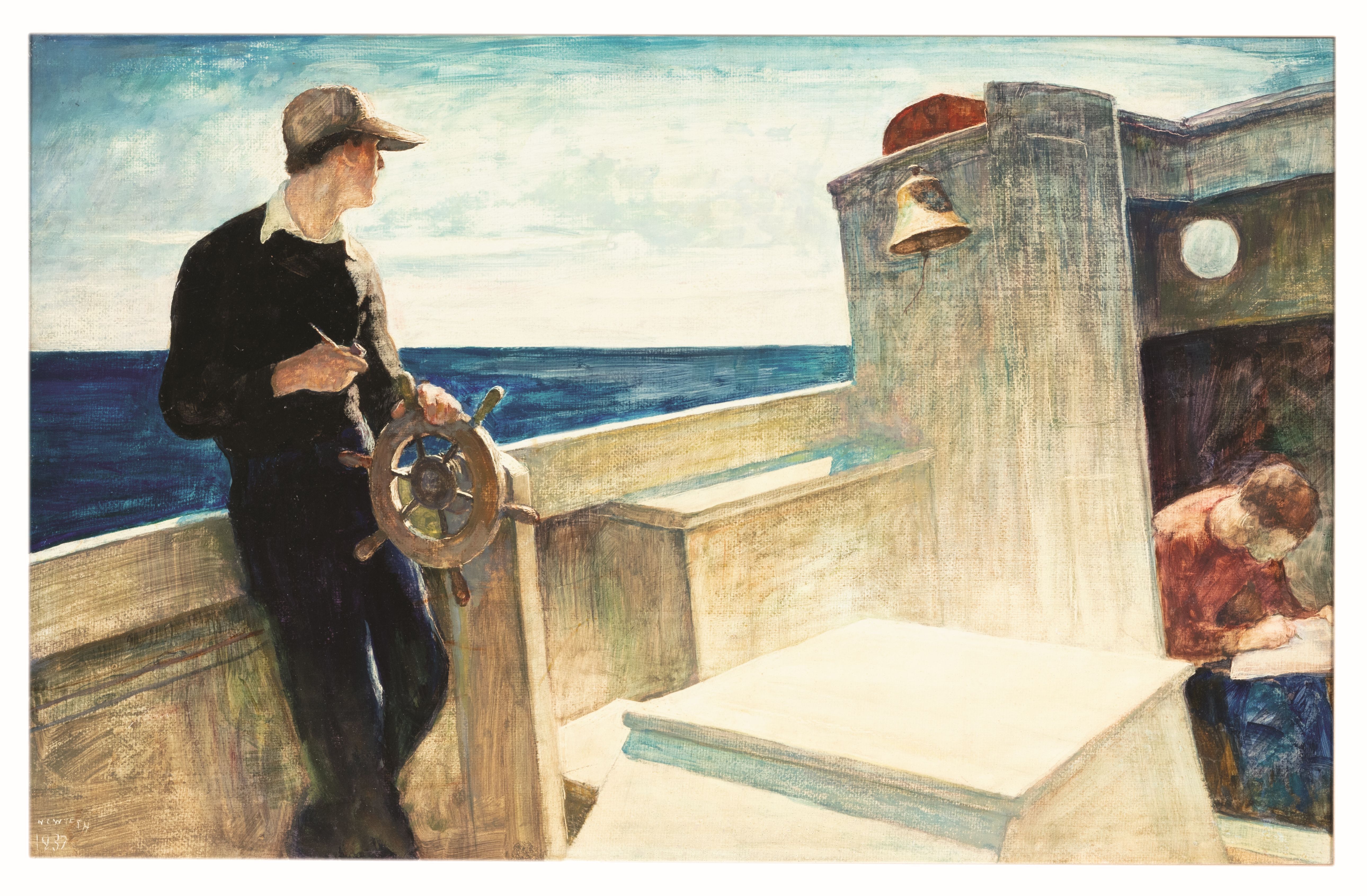 N.C. Wyeth, "Eight Bells (Clyde Stanley and Andrew Wyeth aboard Eight Bells)," 1937, Oil on hardboard, 19 1/4 x 30 in., Bank of America Collection