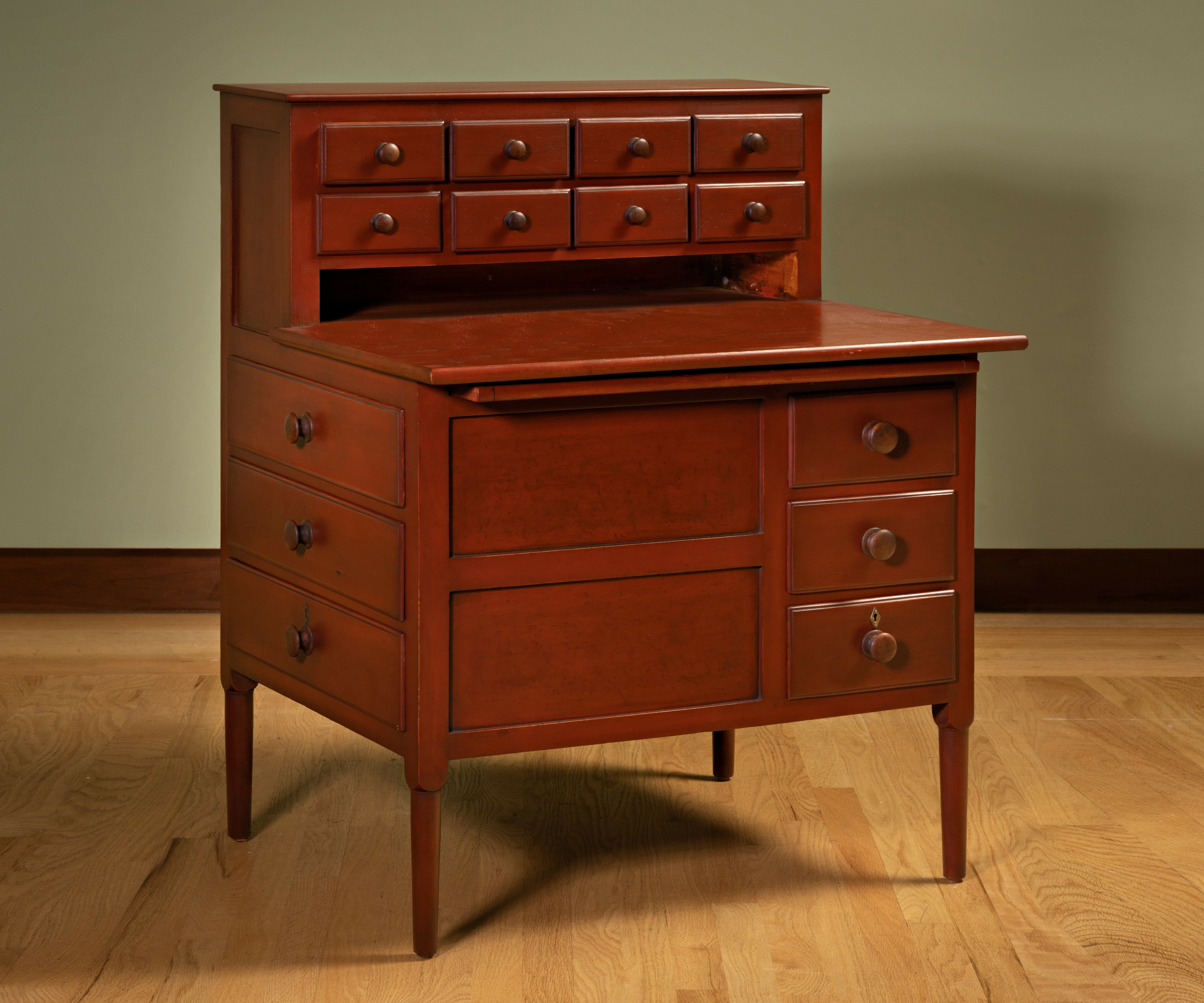 Enfield, NH Shaker Village Table, Sewing, c. 1860 Yellow birch, pine, hardwood, iron, paint 38 5/8 × 31 3/4 × 27 in. (98.1 × 80.6 × 68.6 cm) Enfield Shaker Museum, 2021.12.1 L.2023.10.2T