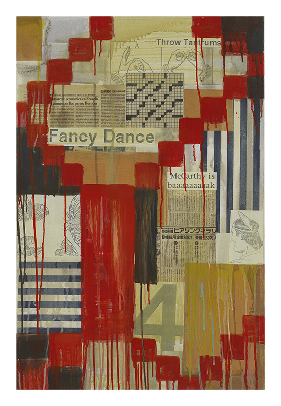Jaune Quick-to-See Smith, <i>Fancy Dance</i>, 2003, Mixed media on canvas, 36 x 24 inches, Photo Credit: Courtesy of the artist and Garth Greenan Gallery, New York