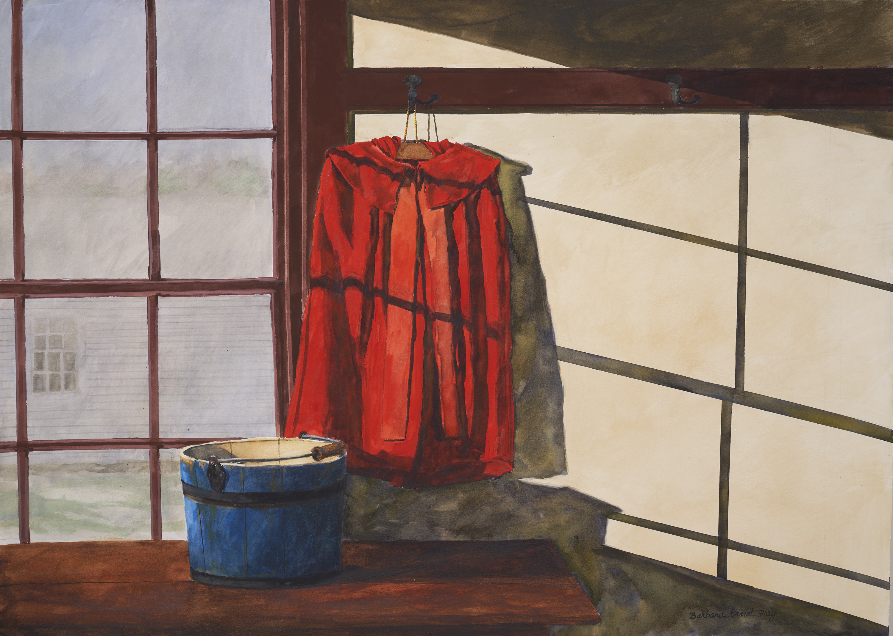 Barbara Ernst Prey, "Red Cloak Blue Bucket," 2019, watercolor and drybrush on paper, 28x40 inches, Courtesy of the artist
