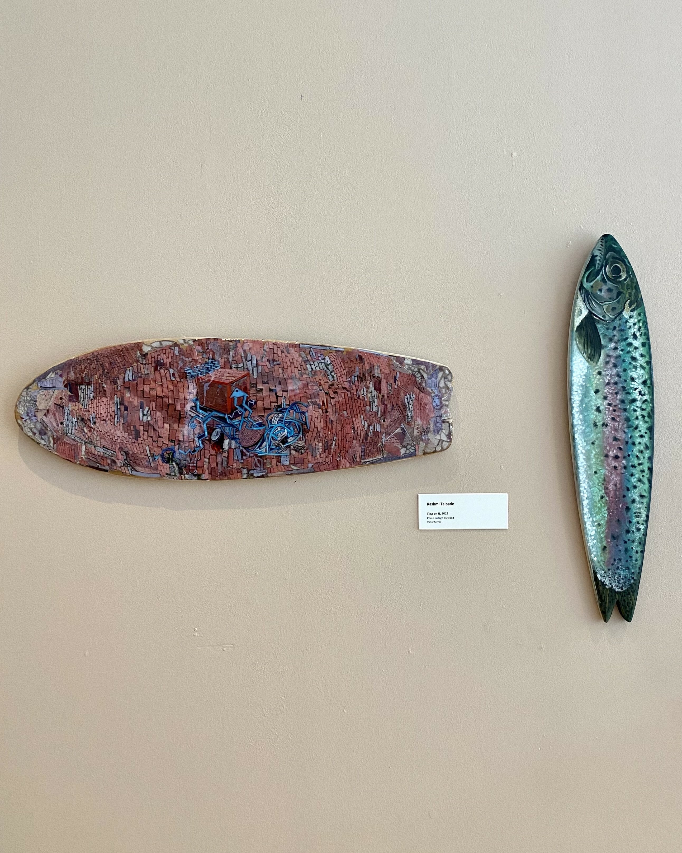 (Left) Rashmi Talpade, "Step on It," 2023, Photo collage on wood; (Right) Sarah Nguyen, "Rainbow Trout," 2023, Oil and Eyeshadow