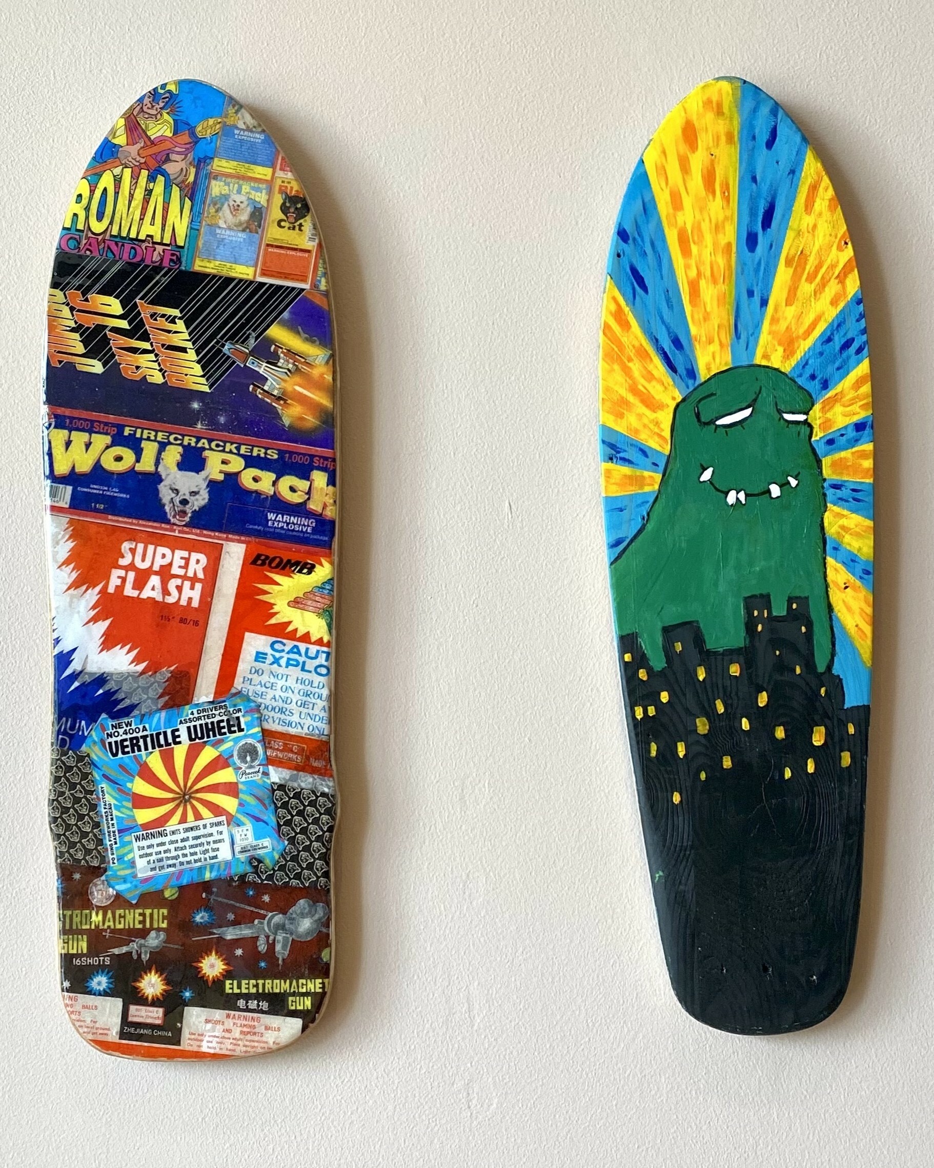 (Left) Mike Mindera, "4th of July Memories," 2023, Vintage fireworks wrappers and resin; (Right) Keith Gervase, "A Monsters Rampage 'The Story of Philip,'" 2023, Paint on wood