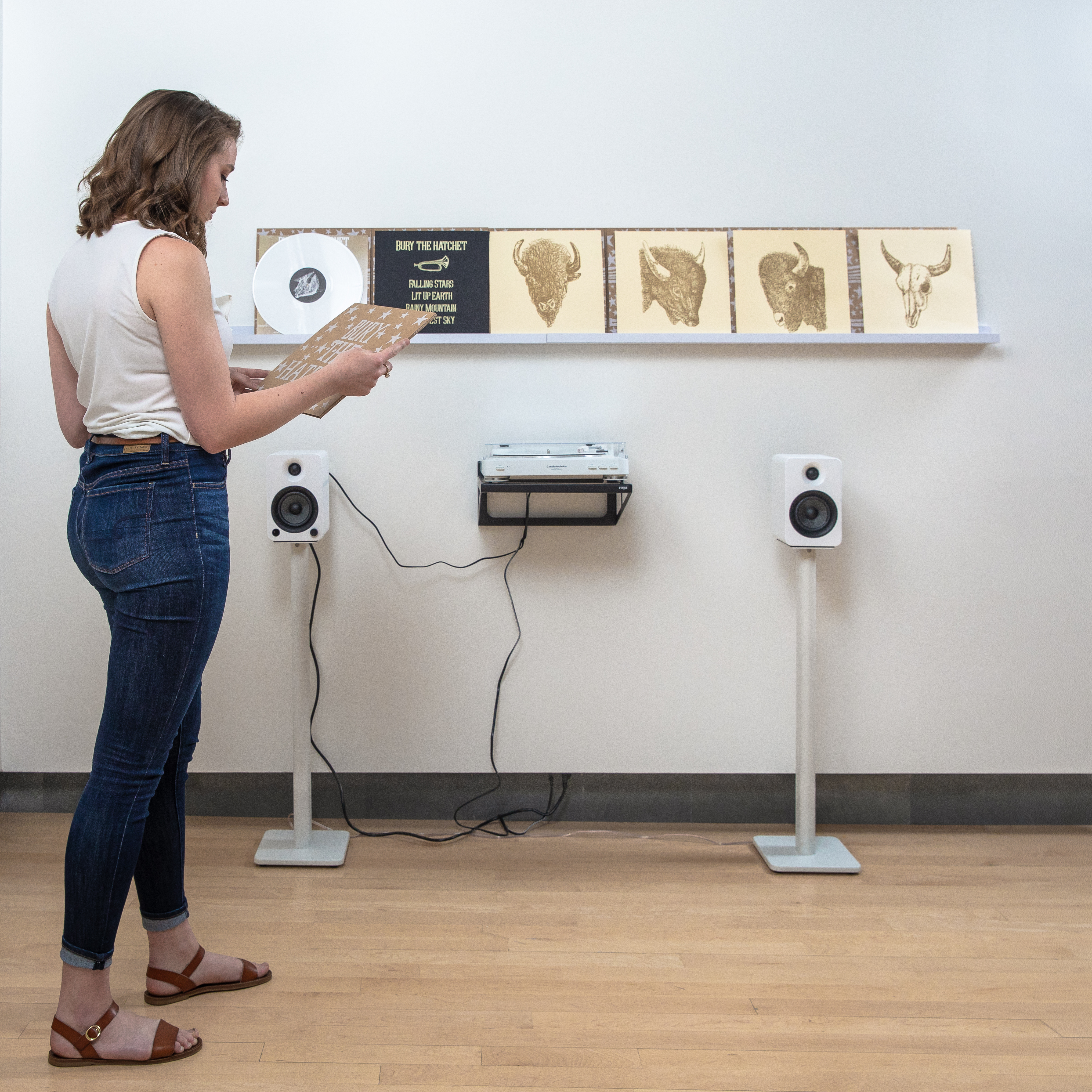John Hitchcock, Bury the Hatchet/Prayer for My P'ah-be, 2019-2020, Neon, video, album, and record player, Courtesy of the Artist