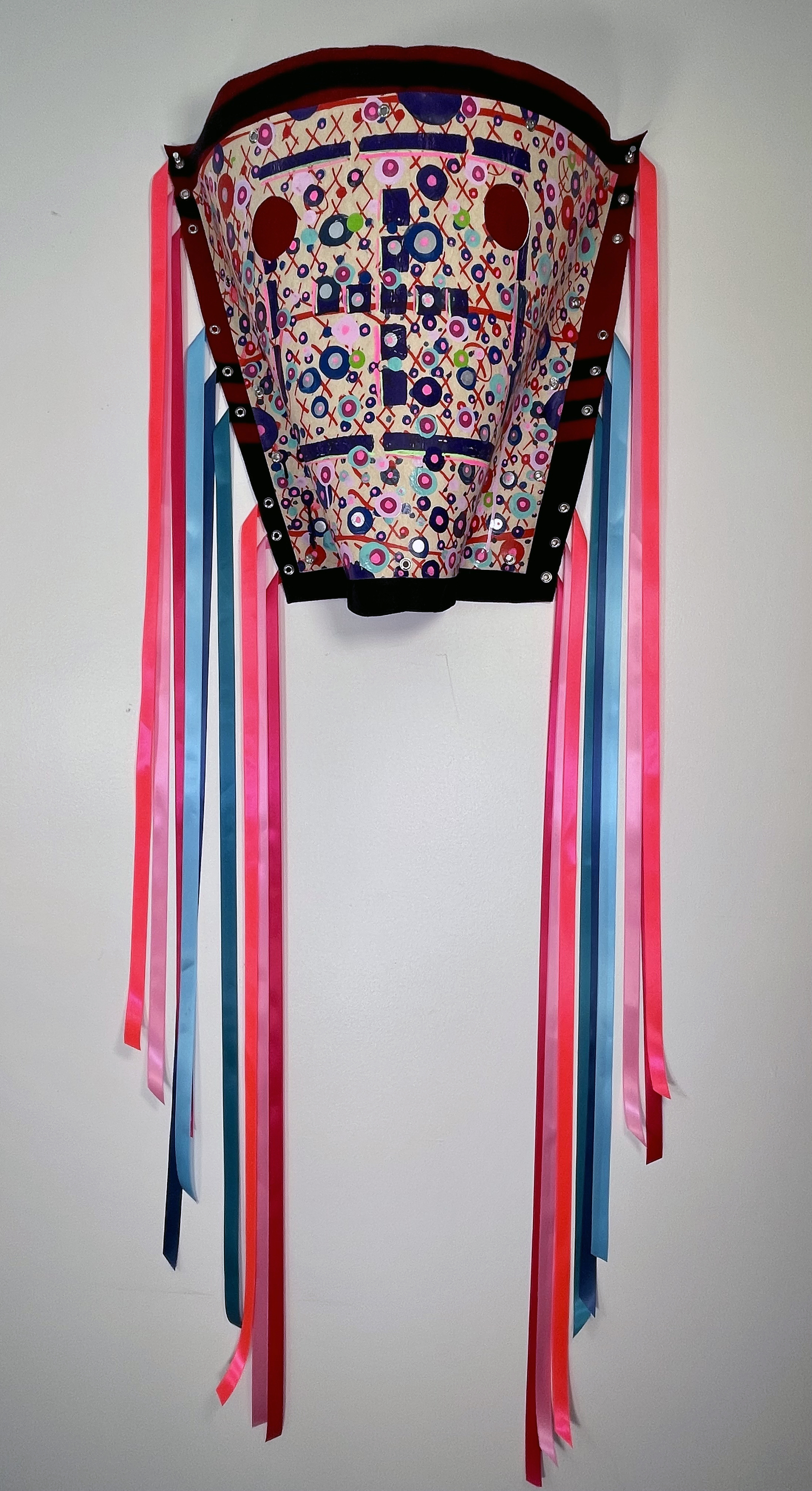 John Hitchcock, "Song for Truth," 2023, Screenprint on naugahyde, acrylic, felt, ribbon, Courtesy of the Artist