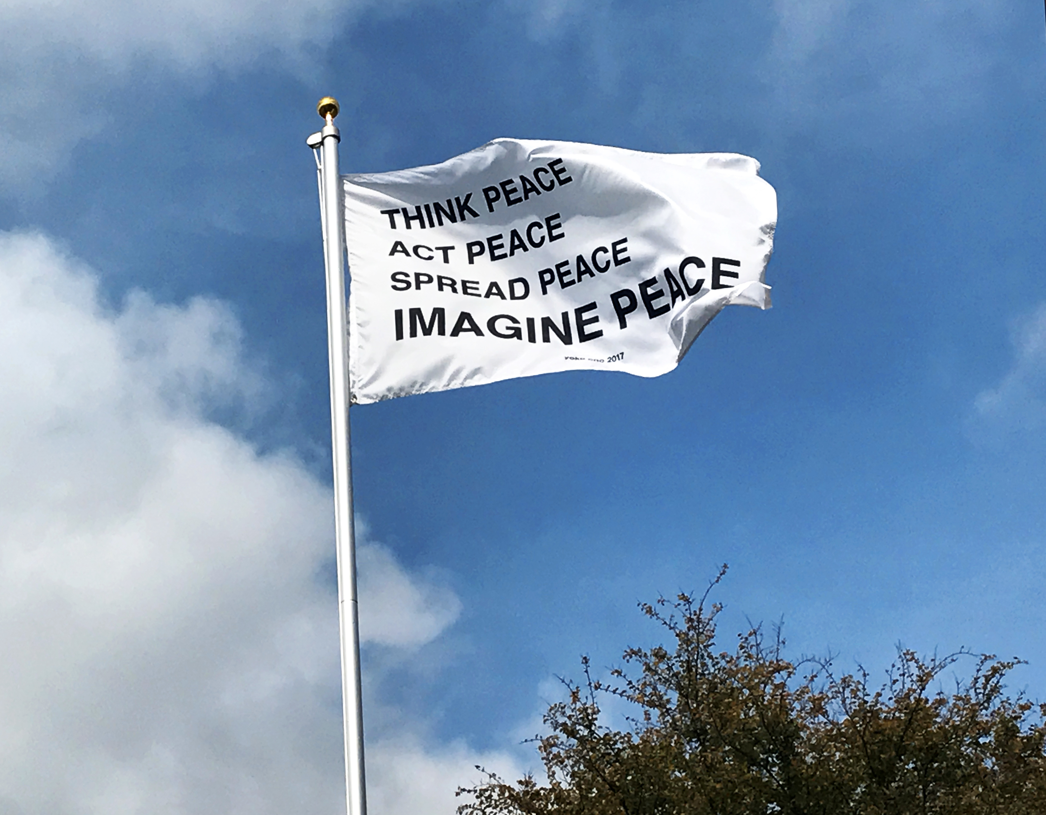 Yoko Ono,<i> IMAGINE PEACE</i>, 2017, Flag, commissioned as part of Creative Time’s Pledges for Allegiance Texas State Galleries, San Marcos, Texas, Photo: Rebecca Marino Photo courtesy of Creative Time
