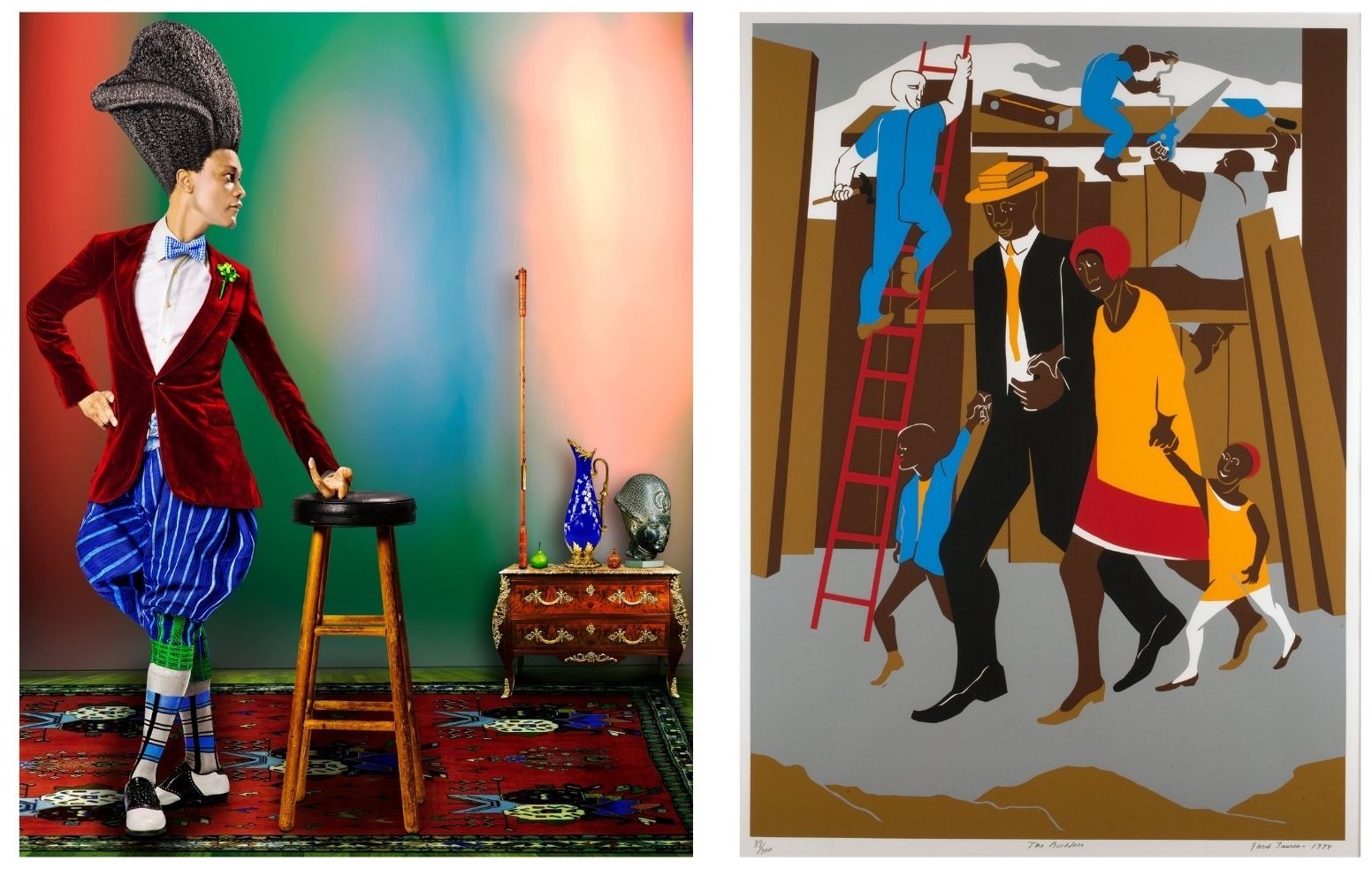 Left: Iké Udé, "Sartorial Anarchy 31," 2013, Pigment on satin paper (edition of 5), Alice Osborne Bristol Fund, 2014.67. Right: Jacob Lawrence, "The Builders," 1974, Jane and Victor Darnell Fund, 1990.17