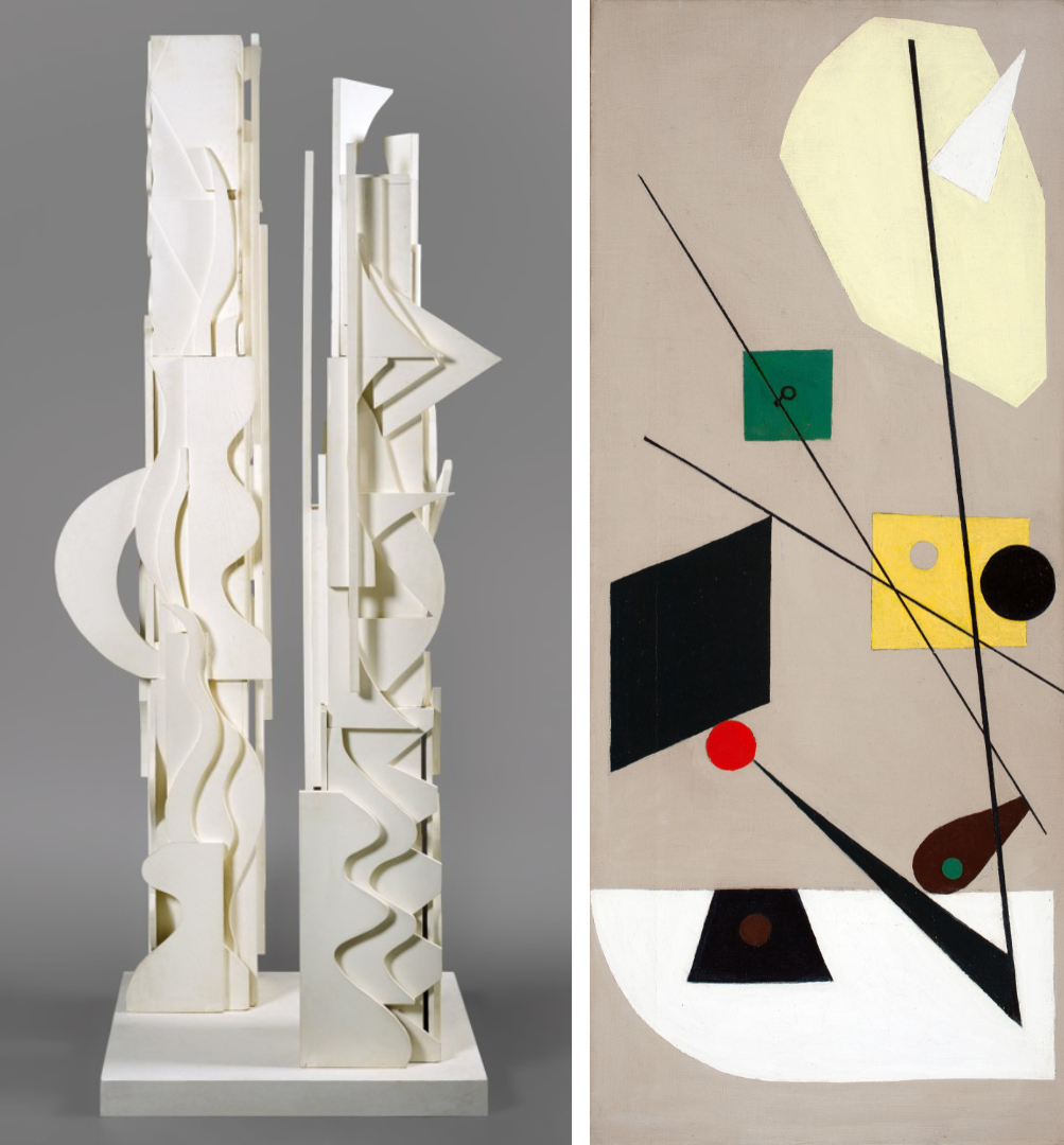 (Left) Louise Nevelson, "Dawn's Presence," 1972–1975; (Right) Esphyr Slobodkina, "Abstraction with Red Circle," 1938 [Full artwork captions below]